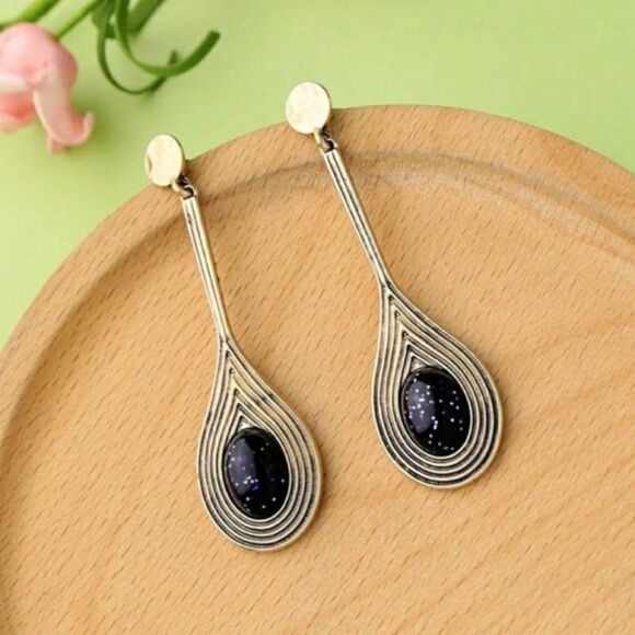 Blue Resin Rhinestone Vintage Gold Drop Dangle Statement Earrings - Picture 9 of 10